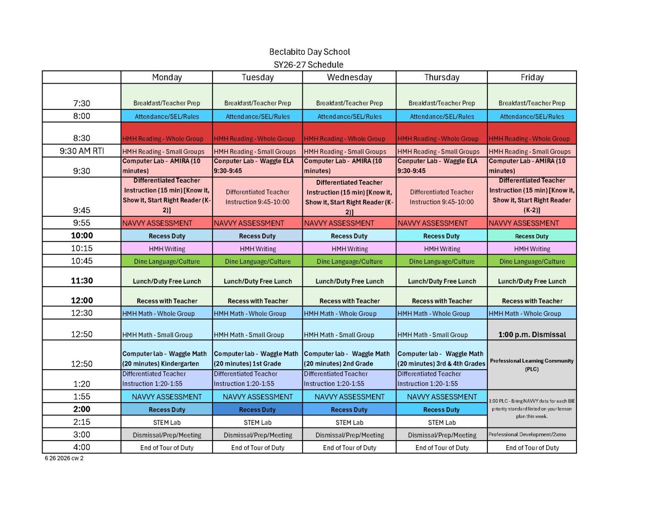 Class Schedule 2026 2027