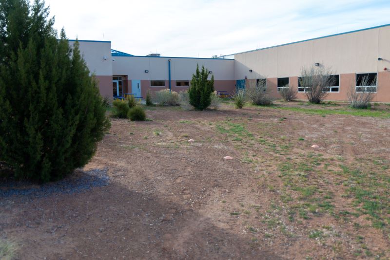 exterior of school with bushes and open area