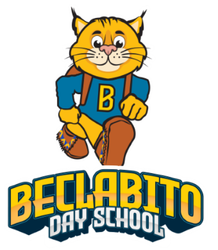 Beclabito Day School Bobcat with blue shirt, yellow letter B and backpack